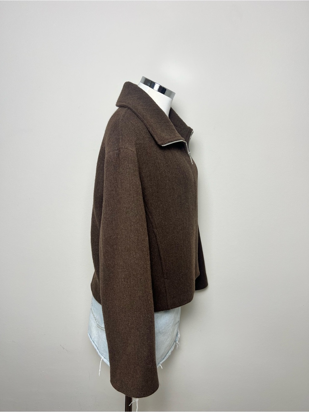 Massimo Dutti Brown Cropped Zip Jacket Women S NWT Boxy Oversized Collar - Picture 4 of 11